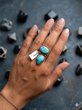 NWT Lone Mountain Turquoise Double Stone Copper Setting Adjustable Ring